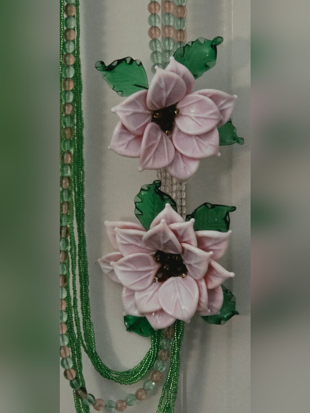 New Uno Alla Volta Murano Glass Necklace green pink flowers Italy 32" $190
